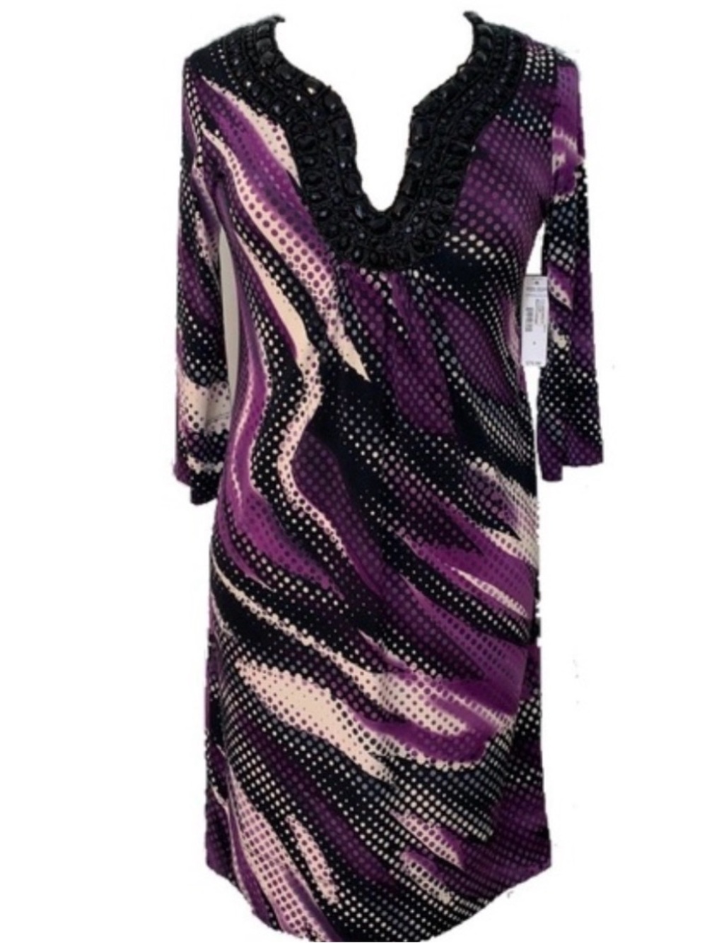 Bisou Bisou -Purple and Cream Wave-Print Long Sleeve Dress with Beaded V-Neck